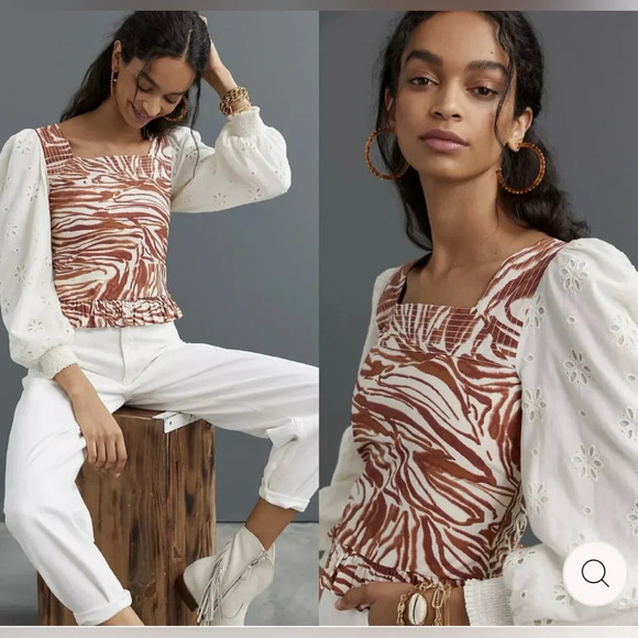 LOVE THE LABEL ANTHROPOLOGIE LOVE THE LABEL SMOCKED EYELET PUFF SLEEVE BLOUSE - Picture 1 of 12